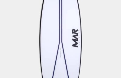 Bottom view of the MAR Surfboards Parrot Model Carbon Speed EPS performance surfboard with carbon reinforcement and thruster fin setup.