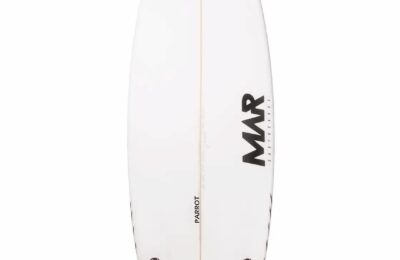 Parrot surfboard bottom view featuring a swallow tail and thruster fin setup